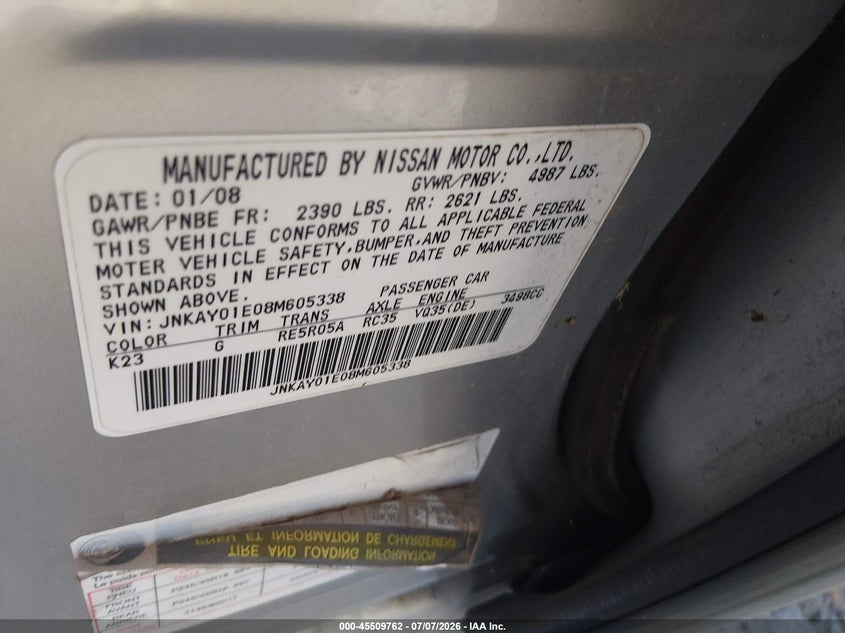 2008 Infiniti M35 VIN JNKAY01E08M605338 IAAI salvage auction — NORMAL WEAR, Rebuilt -  Public Restricted (Oklahoma), sold $125 on 2026-07-29 (photo 9)