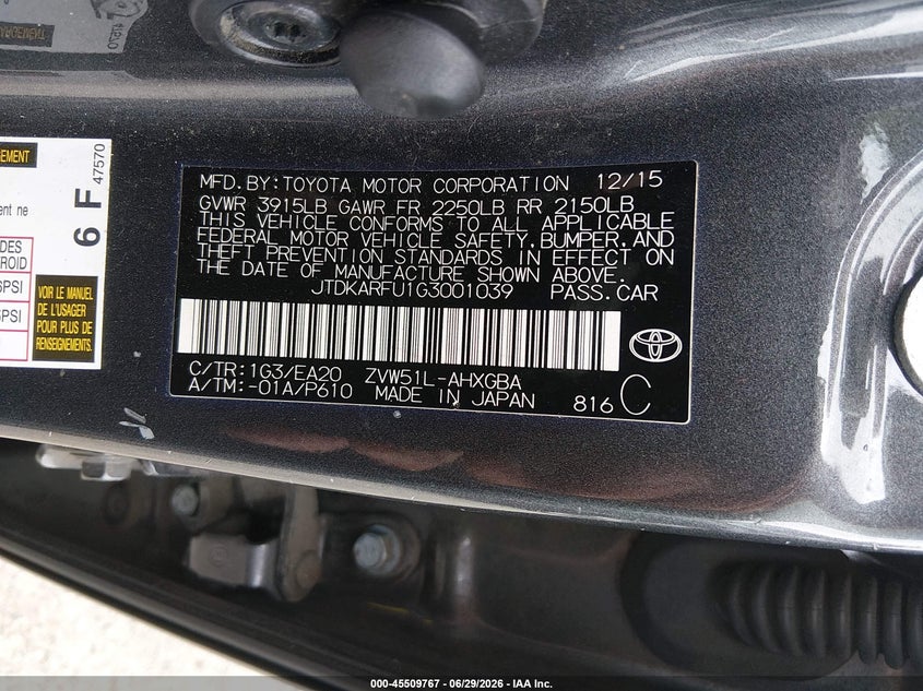 2016 Toyota Prius VIN JTDKARFU1G3001039 IAAI salvage auction — NORMAL WEAR, Clear (Washington), sold $5,700 on 2026-07-15 (photo 9)