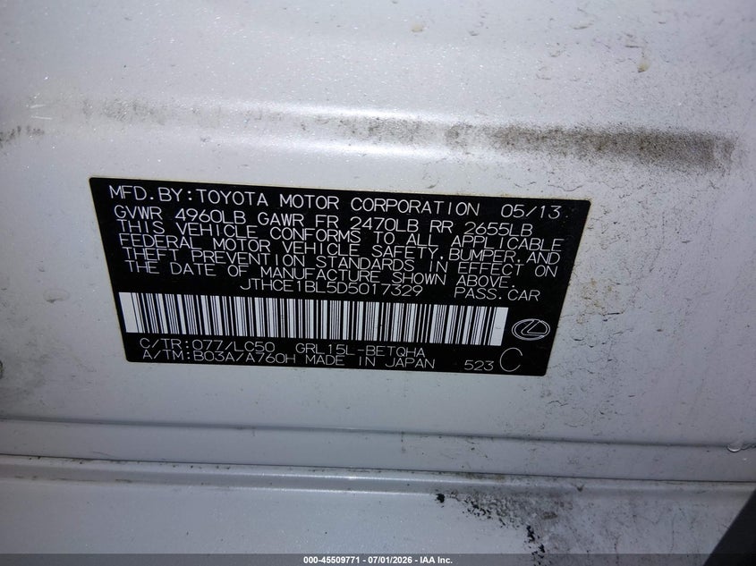 2013 Lexus Gs VIN JTHCE1BL5D5017329 IAAI salvage auction — FRONT END, Salvage (Idaho), sold $800 on 2026-07-31 (photo 9)