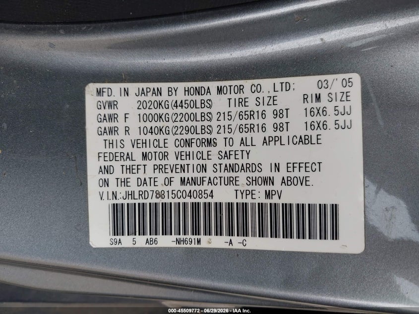 2005 Honda Cr-v VIN JHLRD78815C040854 IAAI salvage auction — NORMAL WEAR, Clear (Washington), sold $2,150 on 2026-07-08 (photo 9)