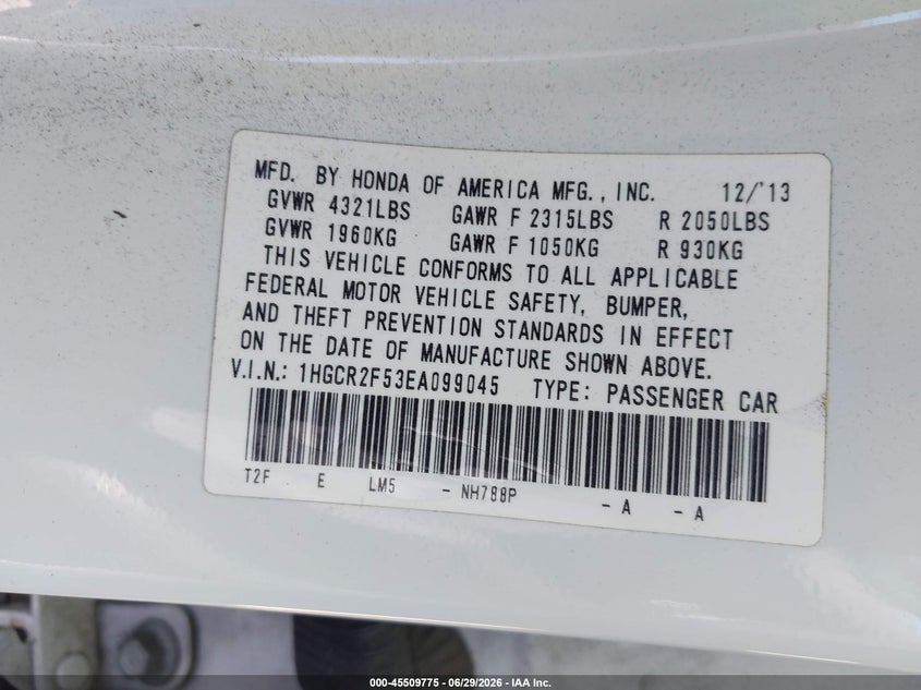 2014 Honda Accord VIN 1HGCR2F53EA099045 IAAI salvage auction — NORMAL WEAR, Clear - Dealer Only (California), sold $1,800 on 2026-07-09 (photo 9)