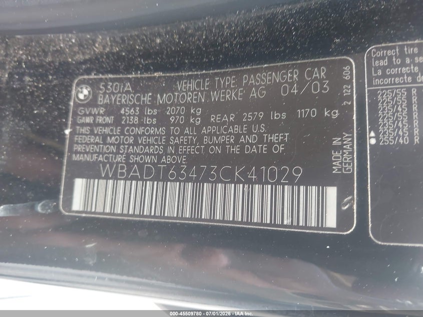 2003 BMW 5 series VIN WBADT63473CK41029 IAAI salvage auction — NORMAL WEAR, Clear-Dealer Only (North Carolina), sold $325 on 2026-07-06 (photo 9)