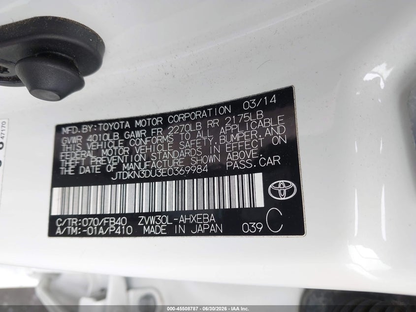2014 Toyota Prius VIN JTDKN3DU3E0369984 IAAI salvage auction — FRONT END, Salvage Title, sold $1,500 on 2026-07-13 (photo 9)
