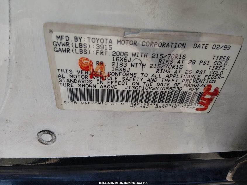 1999 Toyota Rav4 VIN JT3GP10V2X7055230 IAAI salvage auction — FRONT END, Salvage Certificate (California), sold $1,300 on 2026-07-17 (photo 9)
