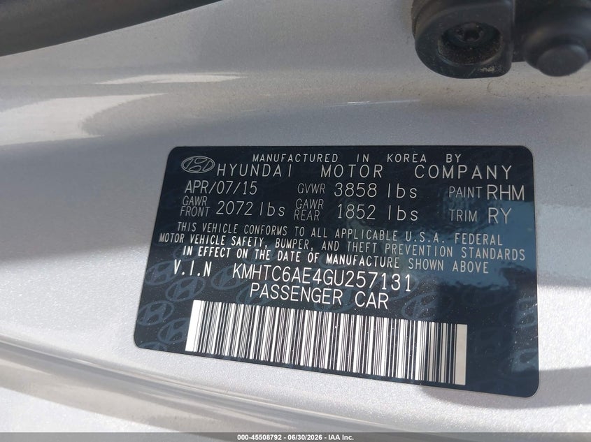 2016 Hyundai Veloster VIN KMHTC6AE4GU257131 IAAI salvage auction — NORMAL WEAR, Original (Texas), sold $1,300 on 2026-07-29 (photo 9)