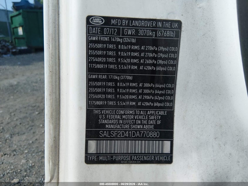 2013 Land rover Range rover sport VIN SALSF2D41DA770880 IAAI salvage auction — NORMAL WEAR, Clear (Pennsylvania), sold $700 on 2026-07-10 (photo 9)
