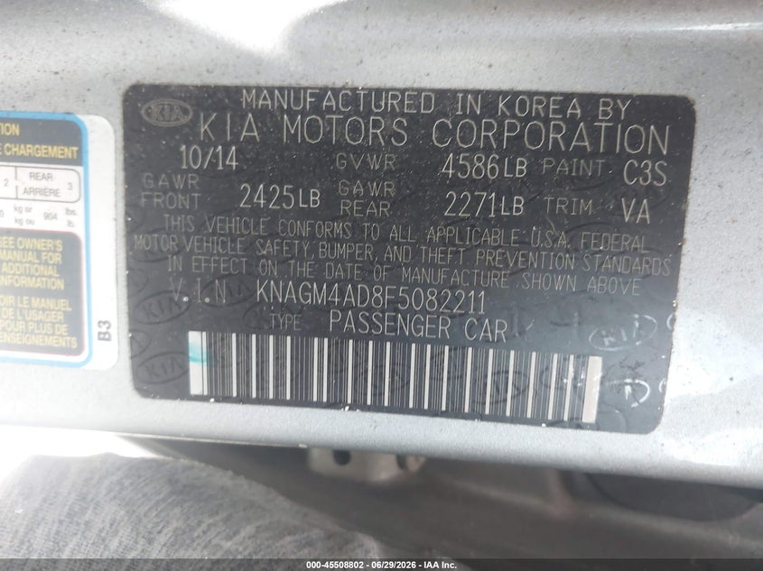 2015 Kia Optima VIN KNAGM4AD8F5082211 IAAI salvage auction — NORMAL WEAR, Clear (Georgia), sold $1,100 on 2026-07-07 (photo 9)