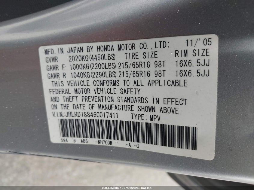 2006 Honda Cr-v VIN JHLRD78846C017411 IAAI salvage auction — SIDE, Salvage (California), sold $1,425 on 2026-07-22 (photo 9)