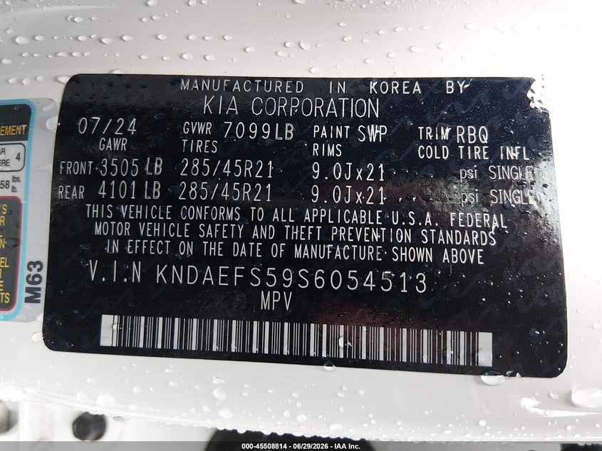 2025 Kia EV9 VIN KNDAEFS59S6054513 IAAI salvage auction — Side, Bill Of Sale (Washington), sold $21,900 on 2026-08-20 (photo 9)