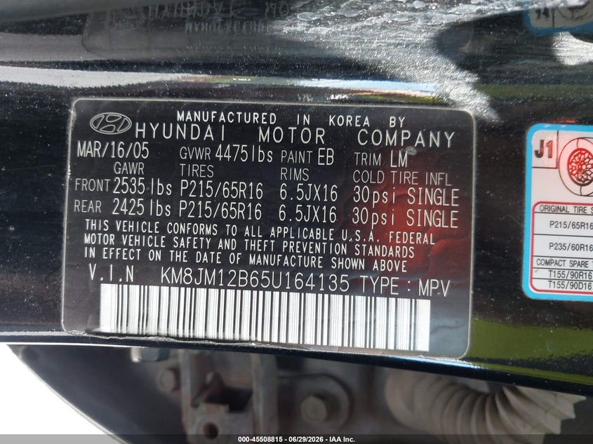 2005 Hyundai Tucson VIN KM8JM12B65U164135 IAAI salvage auction — NORMAL WEAR, Clear (Virginia), sold $250 on 2026-07-14 (photo 9)