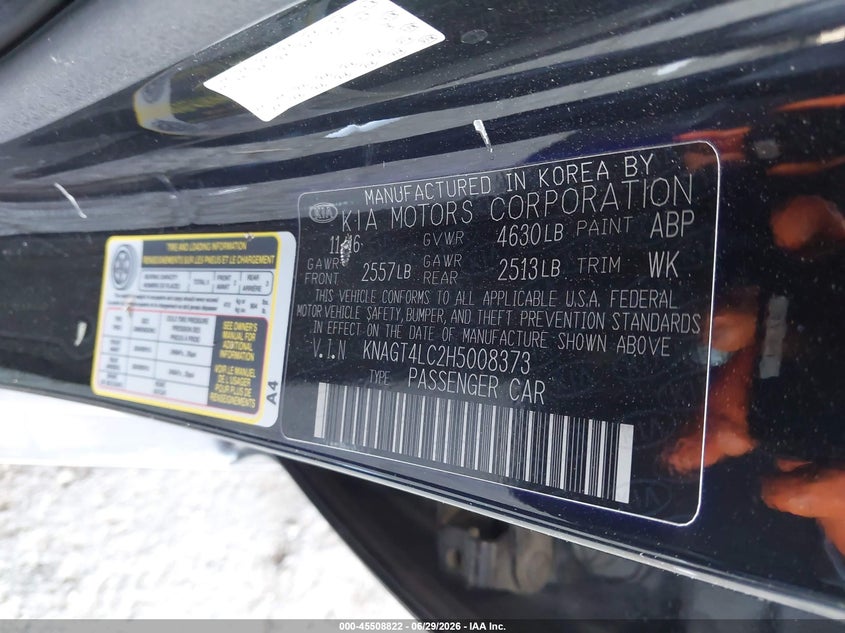 2017 Kia Optima VIN KNAGT4LC2H5008373 IAAI salvage auction — ROOF, Salvage Title, sold $525 on 2026-07-21 (photo 9)