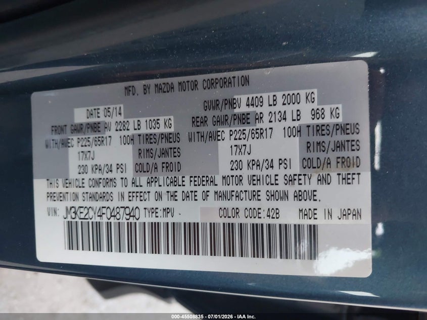 2015 Mazda Cx-5 VIN JM3KE2CY4F0487940 IAAI salvage auction — REAR END, Salvage Certificate (California), sold $2,650 on 2026-07-17 (photo 9)