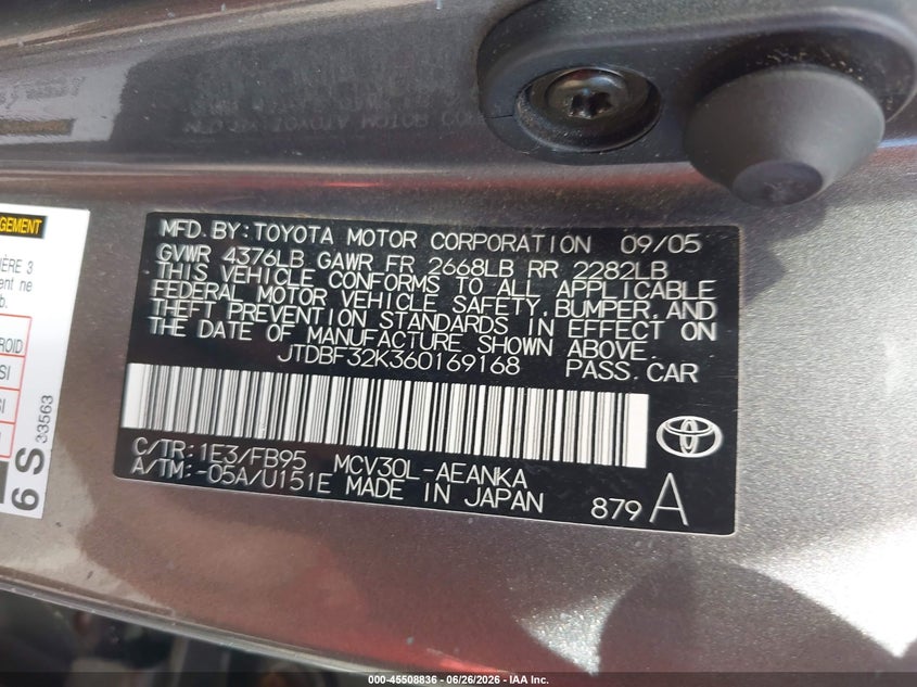 2006 Toyota Camry VIN JTDBF32K360169168 IAAI salvage auction — NORMAL WEAR, Clear (Hawaii), sold $175 on 2026-07-28 (photo 9)