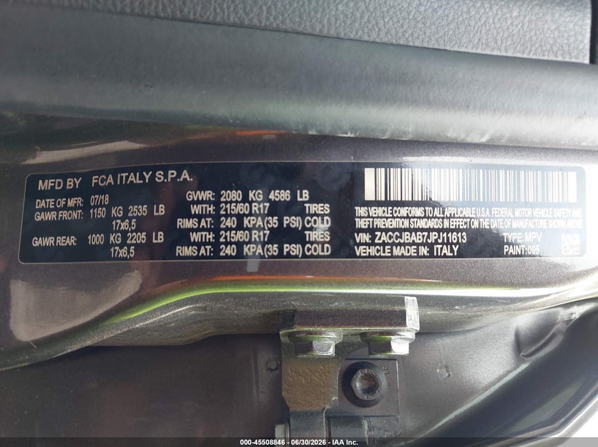 2018 Jeep Renegade VIN ZACCJBAB7JPJ11613 IAAI salvage auction — FRONT END, Salvage Title, sold $750 on 2026-08-20 (photo 9)