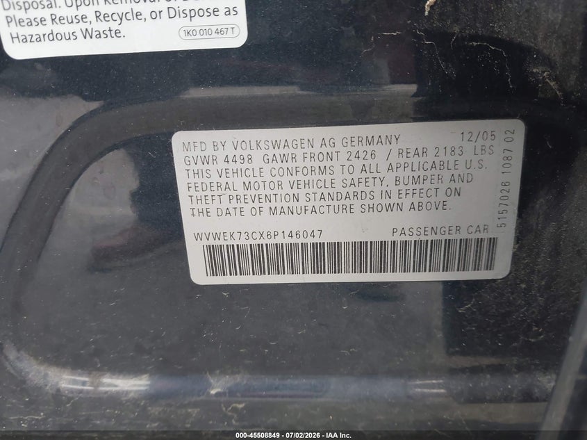 2006 Volkswagen Passat VIN WVWEK73CX6P146047 IAAI salvage auction — NORMAL WEAR, Clear - Dealer Only (California), sold $325 on 2026-07-09 (photo 9)