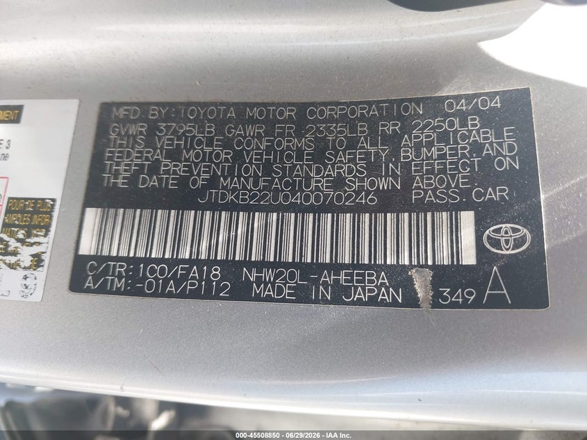 2004 Toyota Prius VIN JTDKB22U040070246 IAAI salvage auction — NORMAL WEAR, Salvage (California), sold $1,000 on 2026-07-07 (photo 9)