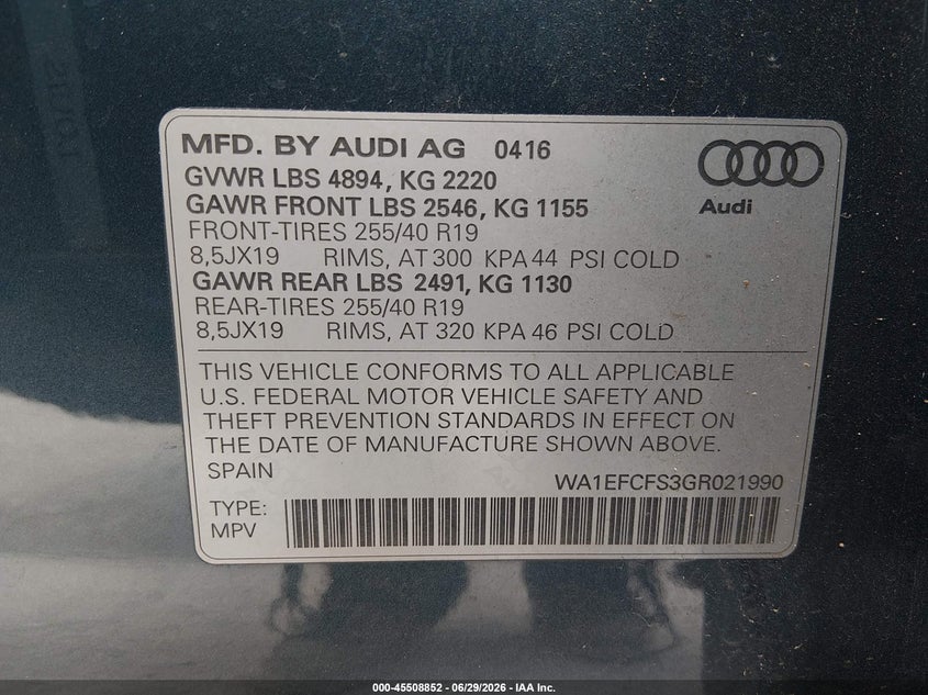 2016 Audi Q3 VIN WA1EFCFS3GR021990 IAAI salvage auction — LEFT FRONT, Salvage (California), sold $5,100 on 2026-07-10 (photo 9)