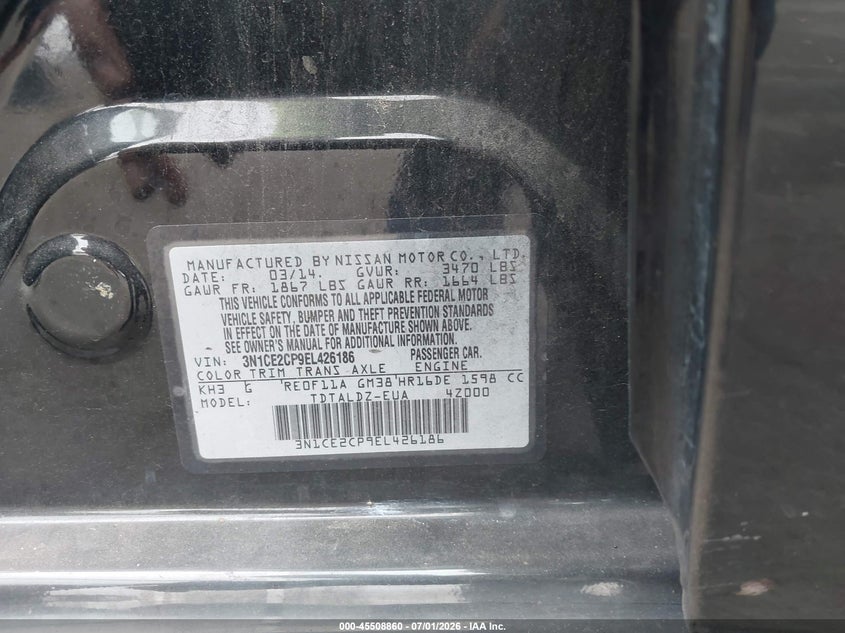 2014 Nissan Versa VIN 3N1CE2CP9EL426186 IAAI salvage auction — RIGHT SIDE, Salvage Title, sold $675 on 2026-07-31 (photo 9)
