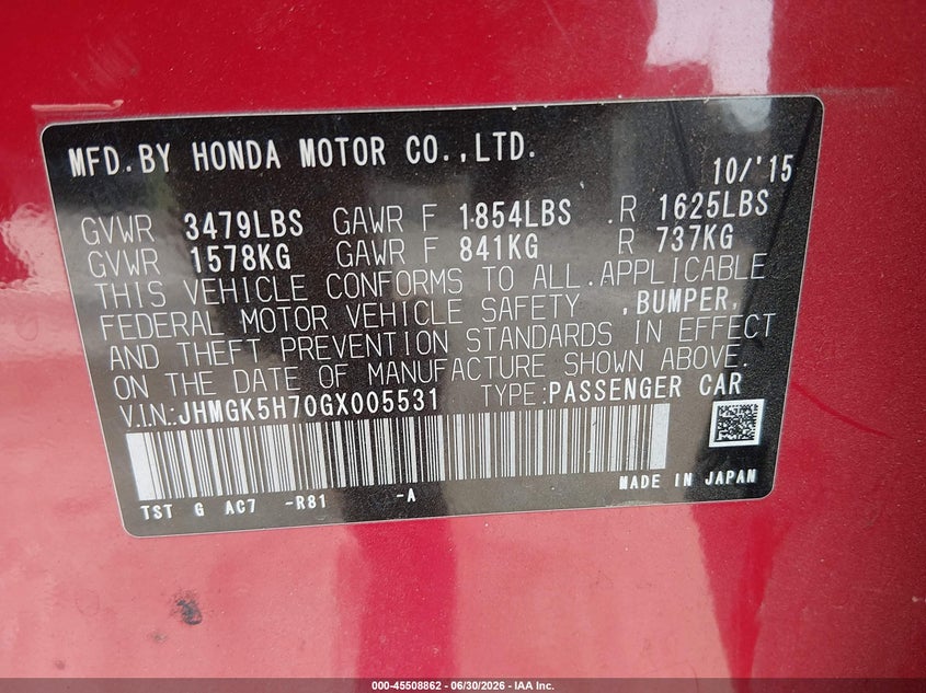 2016 Honda Fit VIN JHMGK5H70GX005531 IAAI salvage auction — NORMAL WEAR, Salvage (California), sold $625 on 2026-07-28 (photo 9)