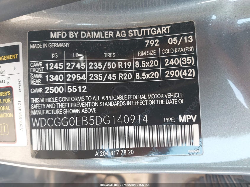 2013 Mercedes-benz VIN WDCGG0EB5DG140914 IAAI salvage auction — REAR END, Original (Texas), sold $4,100 on 2026-08-13 (photo 9)