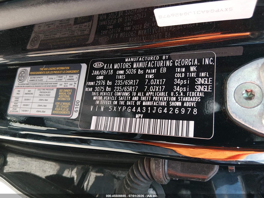 2018 Kia Sorento VIN 5XYPG4A31JG426978 IAAI salvage auction — RIGHT FRONT, Original (Texas), sold $2,100 on 2026-08-02 (photo 9)