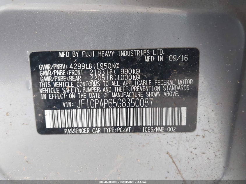 2016 Subaru Impreza VIN JF1GPAP65G8350087 IAAI salvage auction — LEFT SIDE, Bill Of Sale (Washington), sold $25 on 2026-07-29 (photo 9)