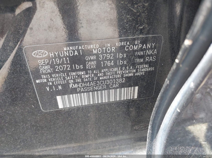 2012 Hyundai Elantra VIN KMHDH4AE3CU301382 IAAI salvage auction — NORMAL WEAR, Clear (Illinois), sold $450 on 2026-07-29 (photo 9)
