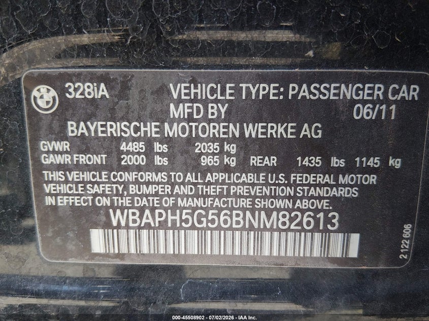 2011 BMW 3 series VIN WBAPH5G56BNM82613 IAAI salvage auction — NORMAL WEAR, Clear (Utah), sold $275 on 2026-07-31 (photo 9)