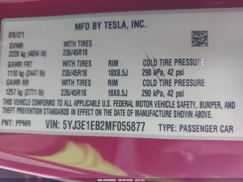 2021 Tesla Model 3 VIN 5YJ3E1EB2MF055877 IAAI salvage auction — FRONT END, Salvage (California), sold $4,700 on 2026-07-10 (photo 9)