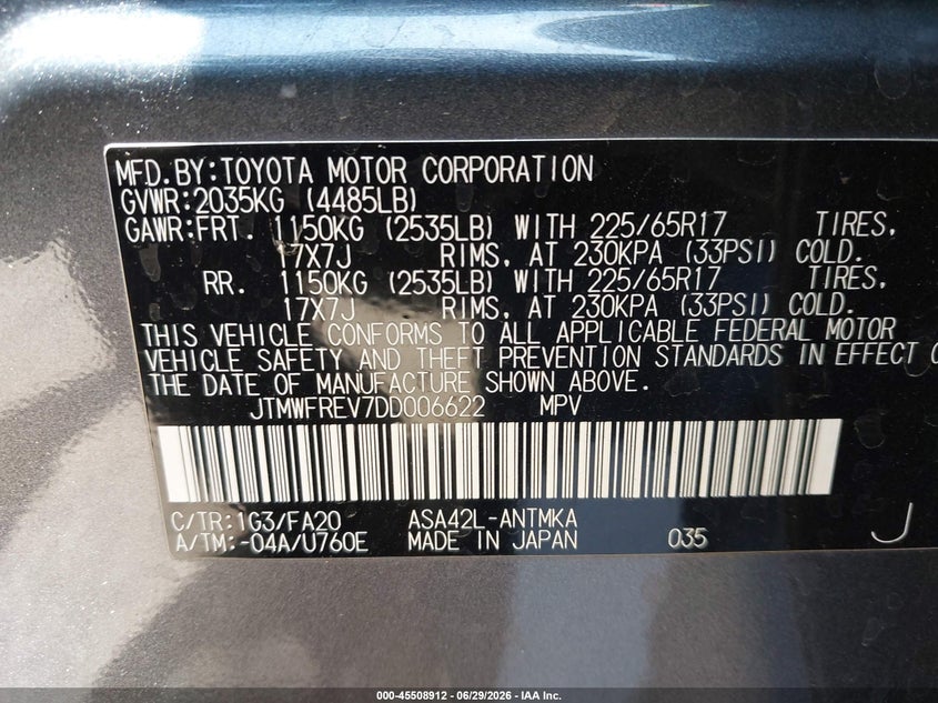 2013 Toyota Rav 4 VIN JTMWFREV7DD006622 IAAI salvage auction — FRONT & REAR, Salvage (California), sold $3,950 on 2026-07-05 (photo 9)