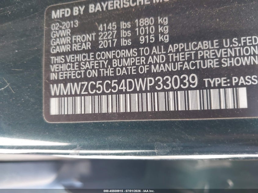 2013 Mini Countryman VIN WMWZC5C54DWP33039 IAAI salvage auction — NORMAL WEAR, Clear - Dealer Only (California), sold $400 on 2026-07-13 (photo 9)