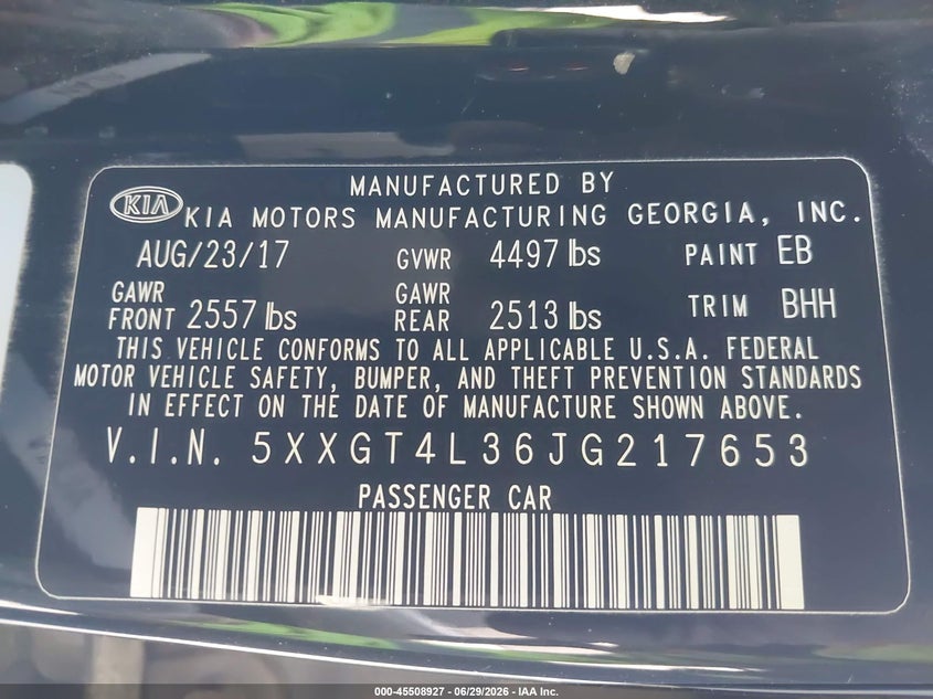 2018 Kia Optima VIN 5XXGT4L36JG217653 IAAI salvage auction — REAR END, Salvage Title, sold $2,425 on 2026-07-22 (photo 9)