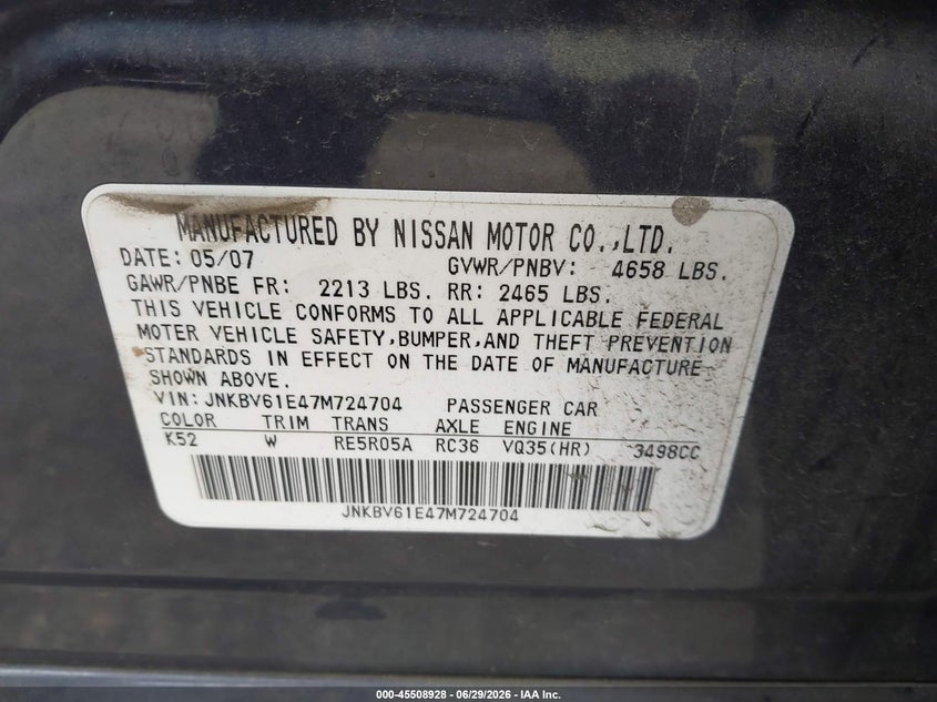 2007 Infiniti G35 VIN JNKBV61E47M724704 IAAI salvage auction — NORMAL WEAR, Clear (Washington), sold $575 on 2026-07-29 (photo 9)
