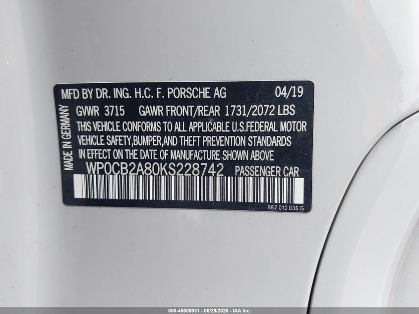 2019 Porsche 718 boxster VIN WP0CB2A80KS228742 IAAI salvage auction — FRESH WATER, Bill Of Sale (Washington), sold $18,050 on 2026-07-20 (photo 9)