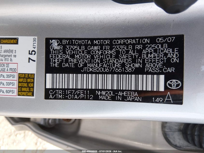 2007 Toyota Prius VIN JTDKB20U677661387 IAAI salvage auction — NORMAL WEAR, Clear (Pennsylvania), sold $400 on 2026-07-24 (photo 9)