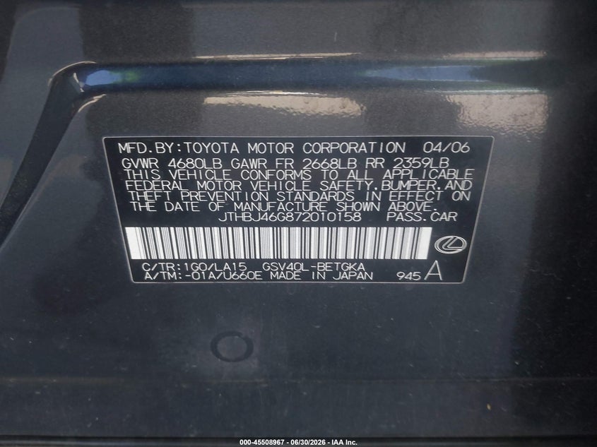 2007 Lexus Es 350 VIN JTHBJ46G872010158 IAAI salvage auction — REAR END, Salvage (California), sold $1,950 on 2026-07-13 (photo 9)