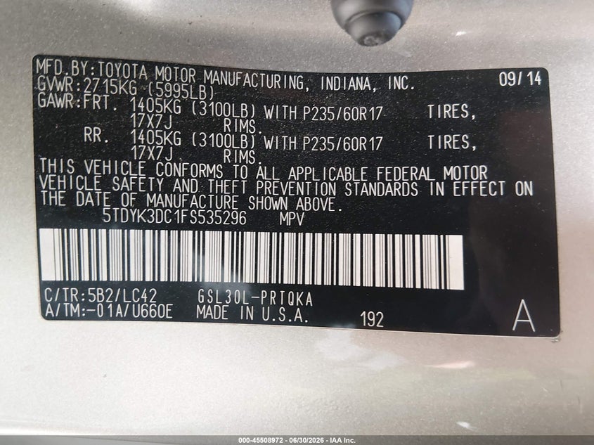 2015 Toyota Sienna VIN 5TDYK3DC1FS535296 IAAI salvage auction — NORMAL WEAR, Original (Texas), sold $2,650 on 2026-07-15 (photo 9)