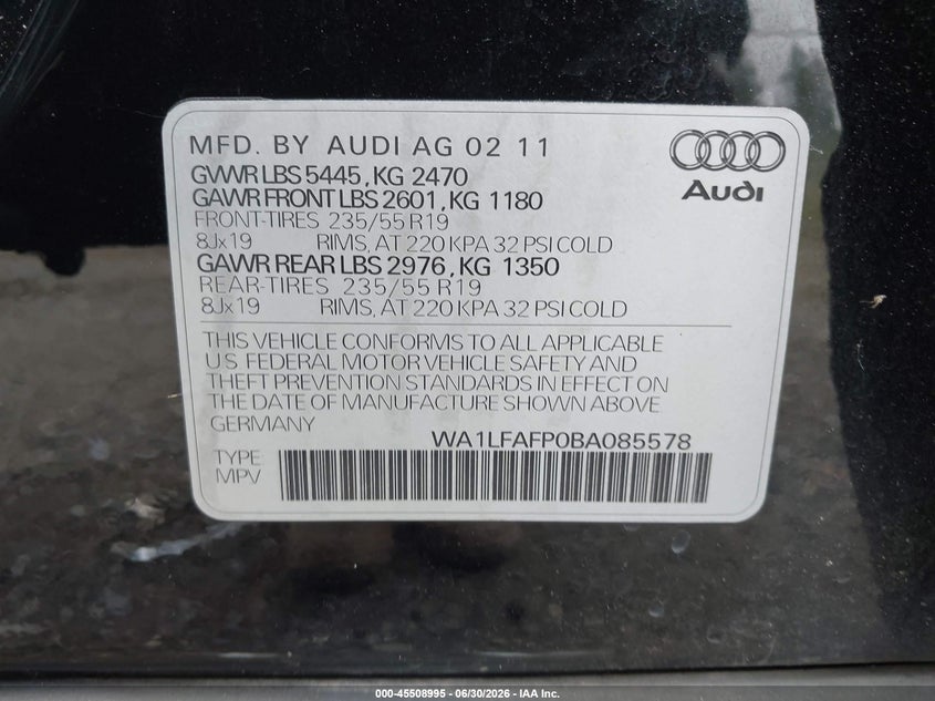 2011 Audi Q5 VIN WA1LFAFP0BA085578 IAAI salvage auction — RIGHT FRONT, Bill Of Sale (Washington), sold $1,325 on 2026-07-29 (photo 9)