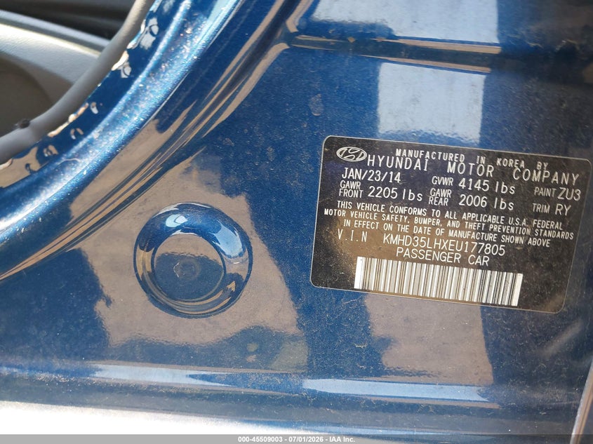 2014 Hyundai Elantra VIN KMHD35LHXEU177805 IAAI salvage auction — NORMAL WEAR, Clear (New Jersey), sold $750 on 2026-07-29 (photo 9)