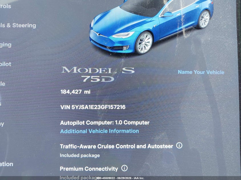 2016 Tesla Model s VIN 5YJSA1E23GF157216 IAAI salvage auction — FRONT END, Salvage (California), sold $3,075 on 2026-07-15 (photo 7)