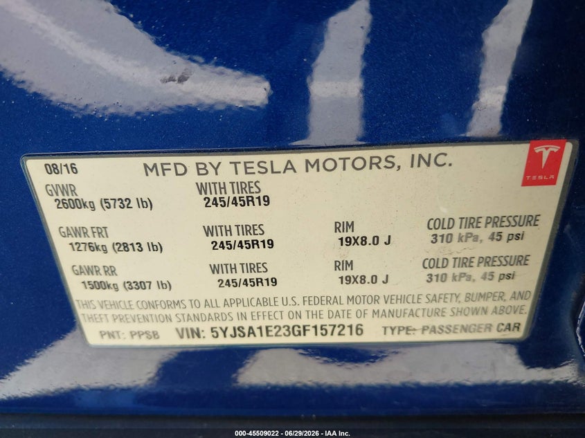 2016 Tesla Model s VIN 5YJSA1E23GF157216 IAAI salvage auction — FRONT END, Salvage (California), sold $3,075 on 2026-07-15 (photo 9)