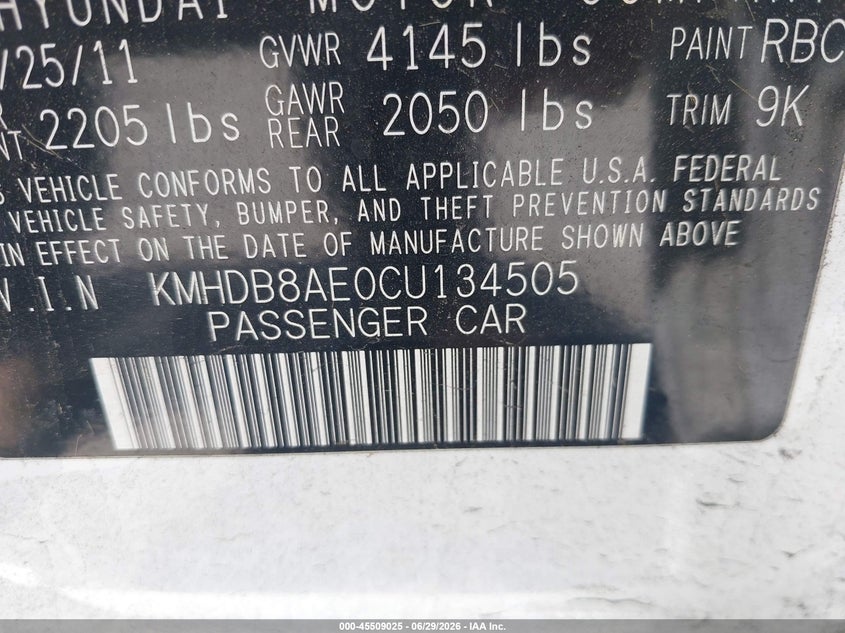 2012 Hyundai Elantra VIN KMHDB8AE0CU134505 IAAI salvage auction — NORMAL WEAR, Clear - Dealer Only (California), sold $675 on 2026-07-13 (photo 9)