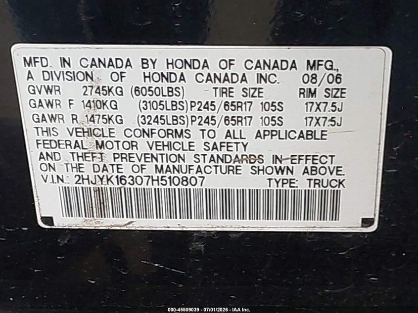 2007 Honda Ridgeline VIN 2HJYK16307H510807 IAAI salvage auction — REAR END, Bill Of Sale (Washington), sold $875 on 2026-07-09 (photo 9)