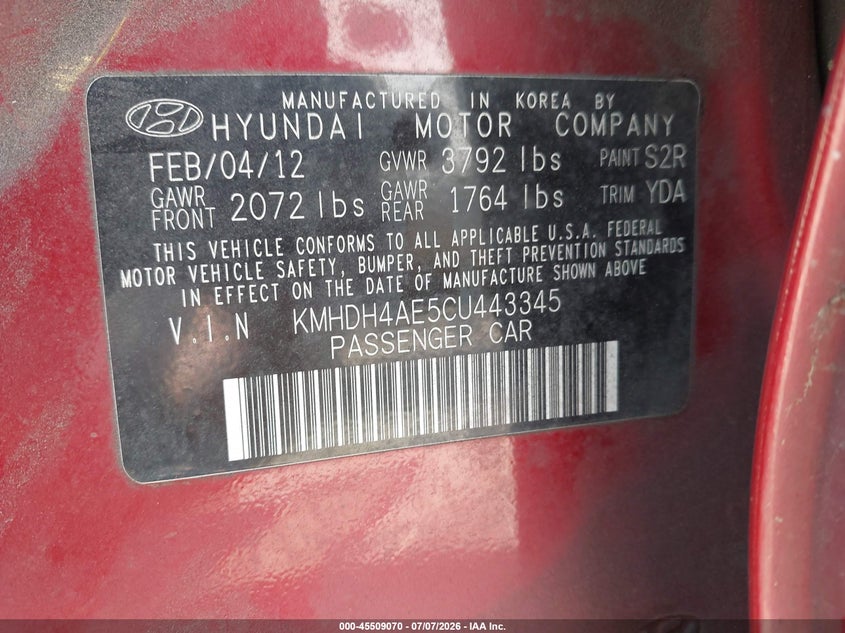 2012 Hyundai Elantra VIN KMHDH4AE5CU443345 IAAI salvage auction — NORMAL WEAR, Clear (Washington), sold $425 on 2026-07-15 (photo 9)