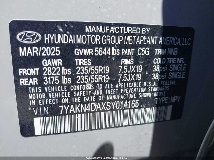 2025 Hyundai Ioniq 5 VIN 7YAKN4DAXSY014165 IAAI salvage auction — FRONT END, Salvage Title, sold $10,700 on 2026-08-02 (photo 9)