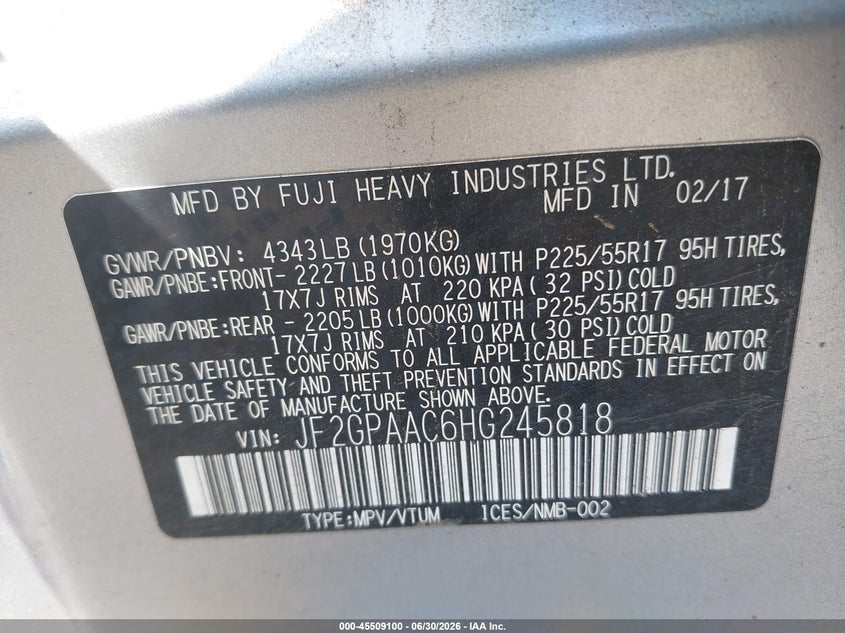 2017 Subaru VIN JF2GPAAC6HG245818 IAAI salvage auction — FRONT END, Salvage Title, sold $875 on 2026-07-14 (photo 9)