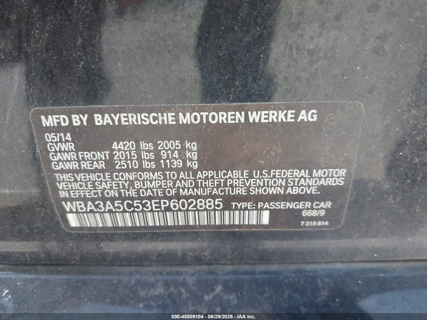 2014 BMW 3er VIN WBA3A5C53EP602885 IAAI salvage auction — NORMAL WEAR, Clear (Hawaii), sold $325 on 2026-07-21 (photo 9)