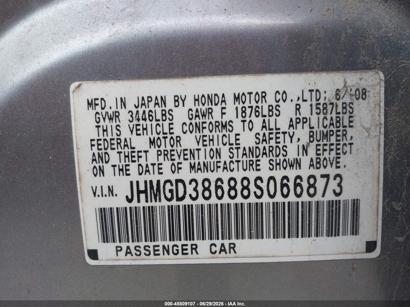 2008 Honda Fit VIN JHMGD38688S066873 IAAI salvage auction — NORMAL WEAR, Clear (Kansas), sold $500 on 2026-07-29 (photo 9)
