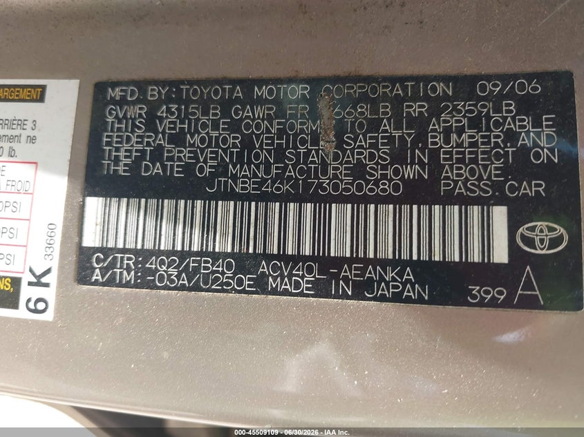 2007 Toyota Camry VIN JTNBE46K173050680 IAAI salvage auction — NORMAL WEAR, Clear (Mississippi), sold $250 on 2026-07-22 (photo 9)