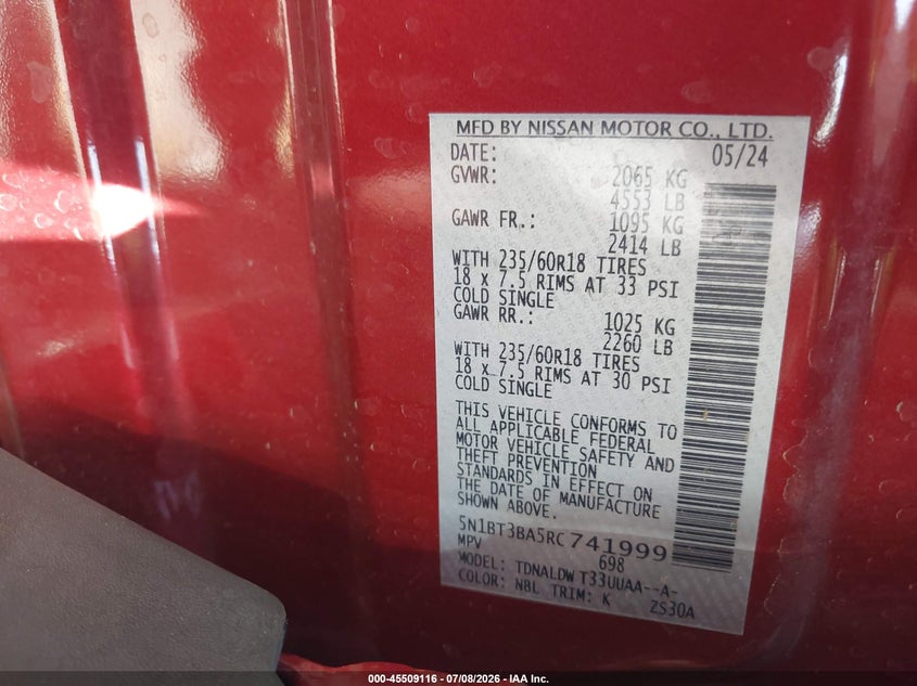 2024 Nissan Rogue VIN 5N1BT3BA5RC741999 IAAI salvage auction — FRONT END, Salvage (Arizona), sold $7,100 on 2026-07-28 (photo 9)